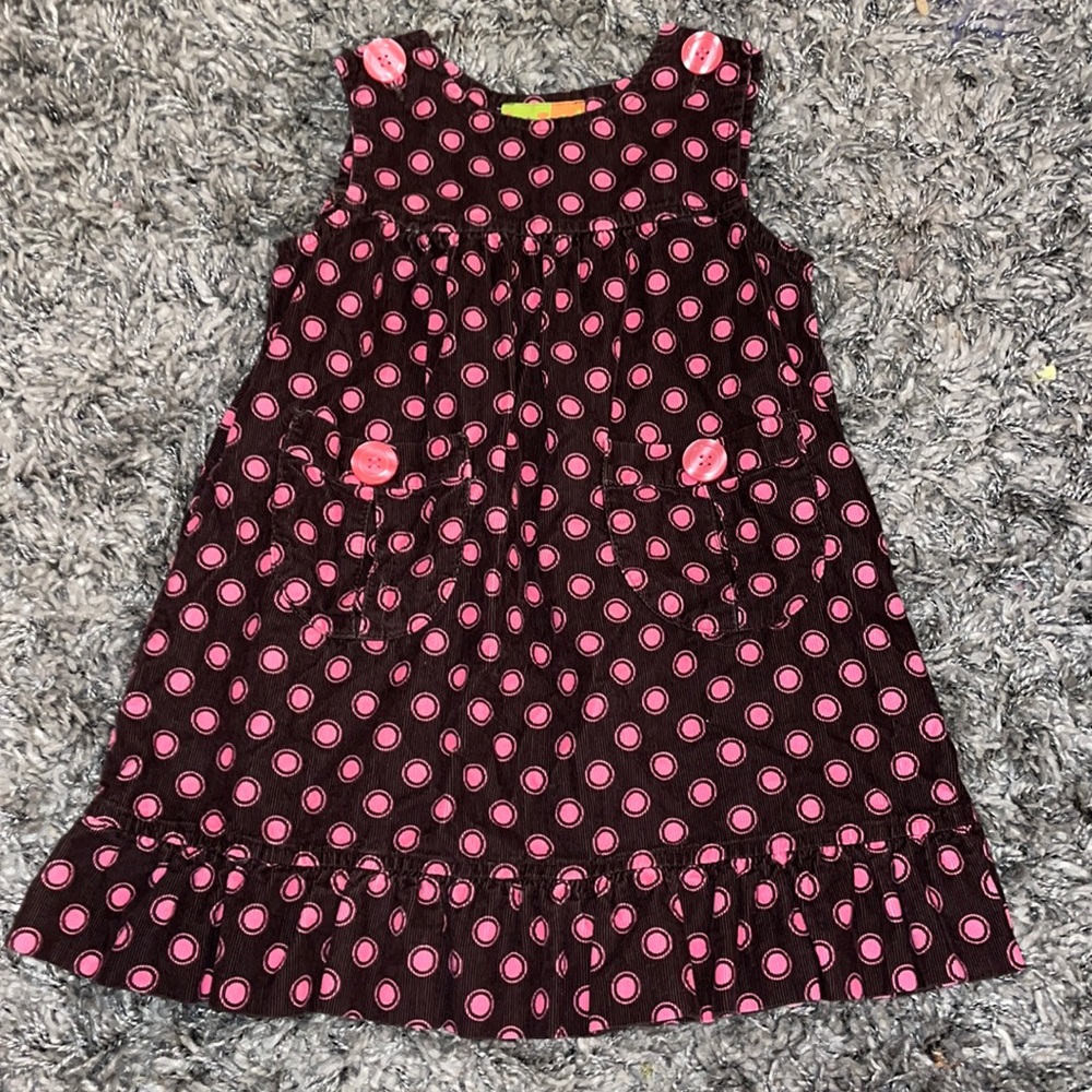🦦Penelope Mack Brown with pink polka dot corduroy jumper dress